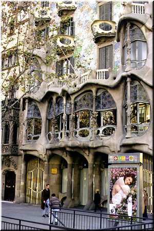 Street level view of Gaudi's Casa Battlo, a fanciful apartment building on the Block of Discord