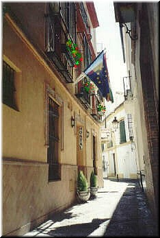 There's our hotel in Seville, Hostal Arias (the white sign almost at the end of the alley)